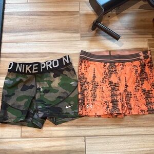 Nike Pro Camo Shorts and Under Armour Orange Patterned Shorts